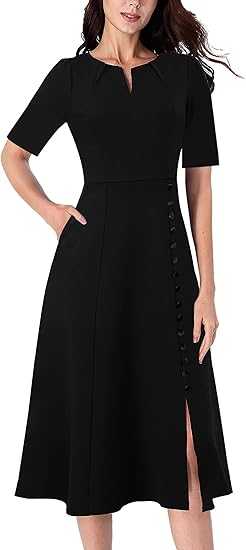 Women Pleated Notch V Neck Pockets Buttons Work Office Business A-Line Midi Dress