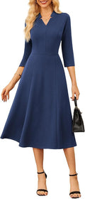 Women 2026,Midi Business Dress,3/4 Sleeve Classy Fit and Flare Dress with Pocket