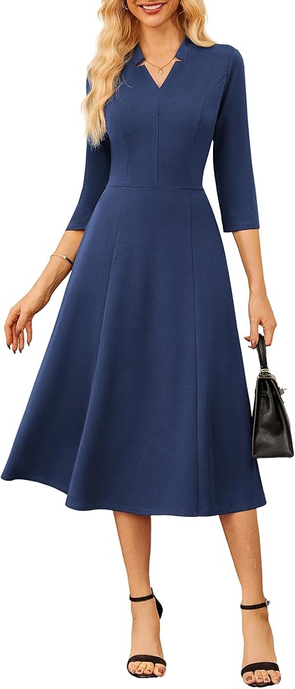Women 2026,Midi Business Dress,3/4 Sleeve Classy Fit and Flare Dress with Pocket